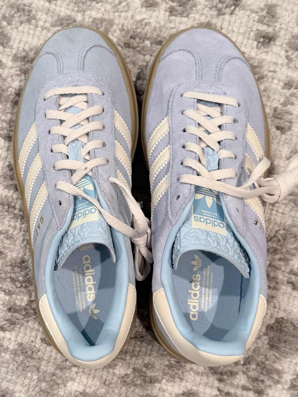 New Adidas Gazelle Bold Sneakers in Clear Sky/Cream White/Gold Metallic/Gum - Picture 4 of 8
